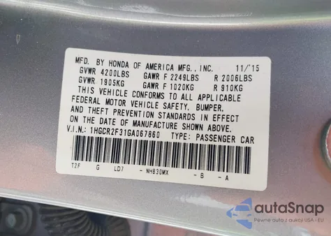 2016 Honda Accord Lx z USA, uszkodzony, nr VIN 1HGCR2F31GA067860